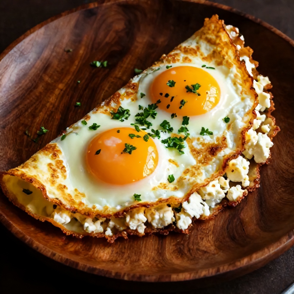 Crispy Feta Fried Eggs plated with garnish