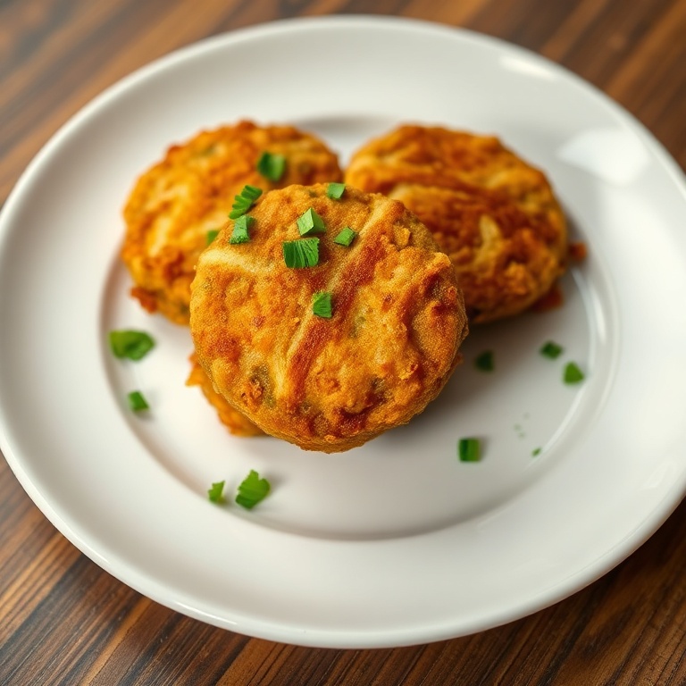 One perfect plated serving of Crispy Fried Pickle Fritters. The exact garnish is chopped parsley. Close crop on a white ceramic plate. Warm side lighting showing texture. Photorealistic food photography style.
