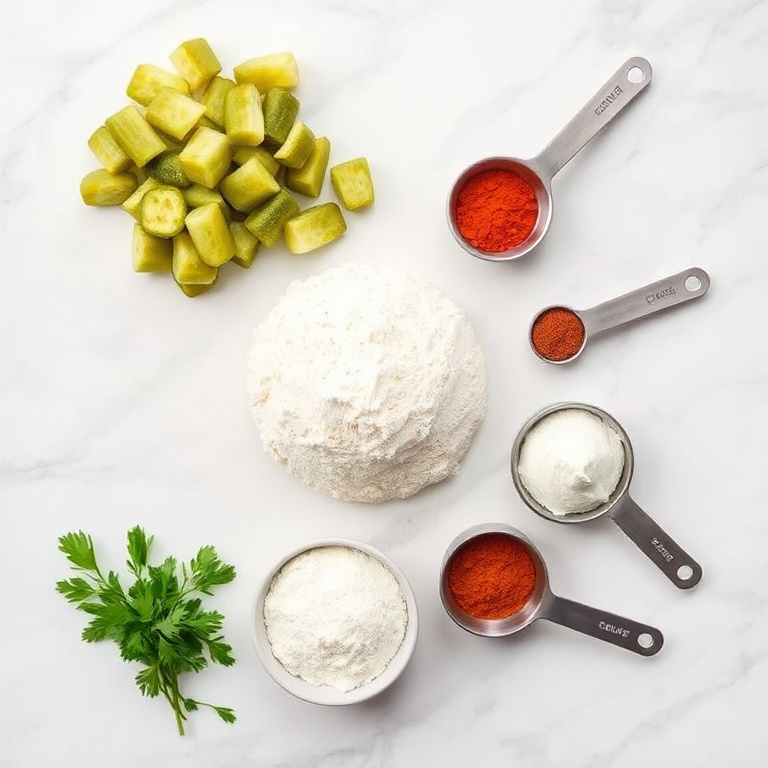 Overhead flat lay of the raw ingredients for Crispy Fried Pickle Fritters. The 5 most visually prominent ingredients are dill pickles, flour, garlic powder, onion powder, and paprika. Measuring spoons and cups visible. White marble surface. Bright even light. Photorealistic overhead food photography.