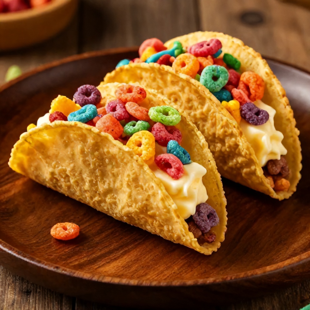 One perfect plated serving of Crispy Fruity Pebbles Cheesecake Tacos on a dark wooden plate, showing golden, crispy taco shells filled with creamy cheesecake and topped with colorful Fruity Pebbles cereal. Warm side lighting showing texture.