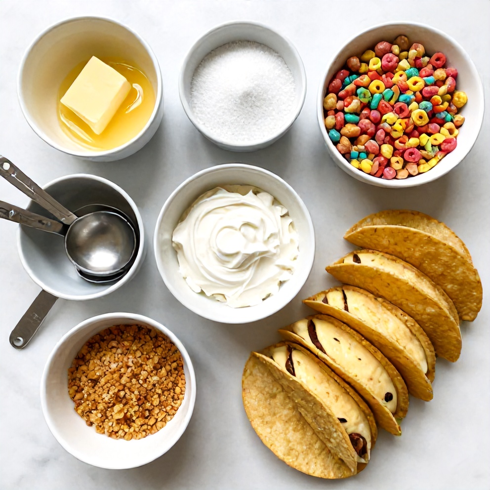 Overhead flat lay of raw ingredients: Graham cracker crumbs, melted butter, cream cheese, sugar, vanilla extract, Fruity Pebbles cereal, taco shells. Small prep bowls, measuring spoons, and measuring cups visible on white marble surface under bright even light.