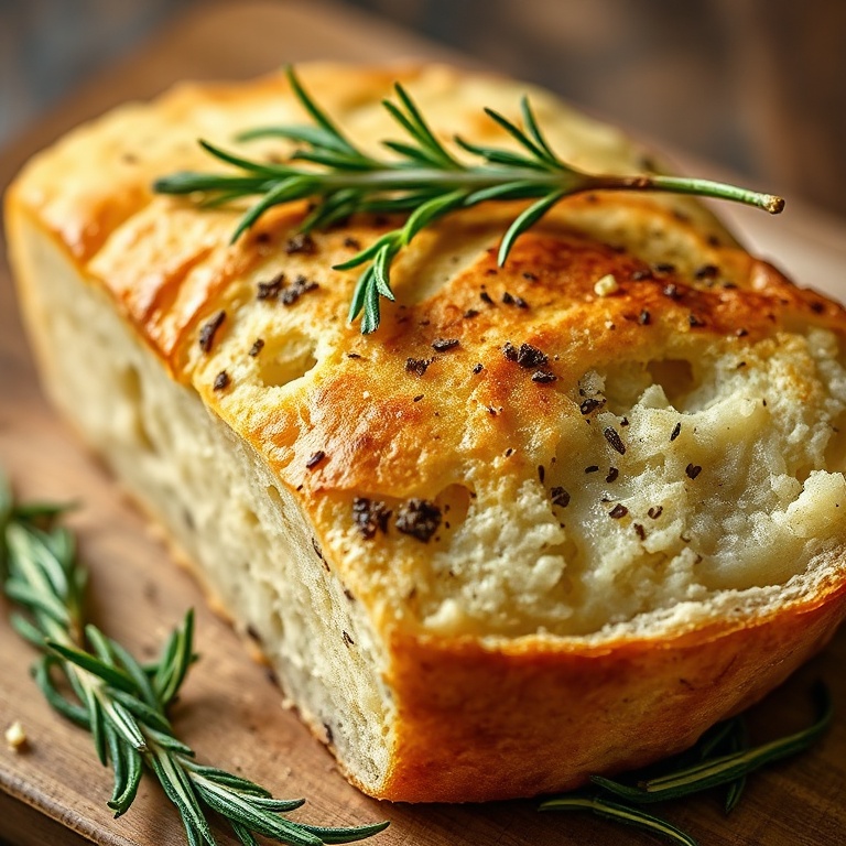 Serving of Garlic Rosemary Bread with fresh rosemary on top. Warm side lighting shows texture.
