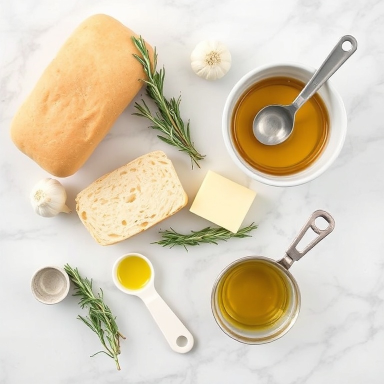Raw ingredients for Garlic Rosemary Bread: bread, garlic, rosemary, butter, and olive oil. Measuring spoons and bowls on a white marble surface.