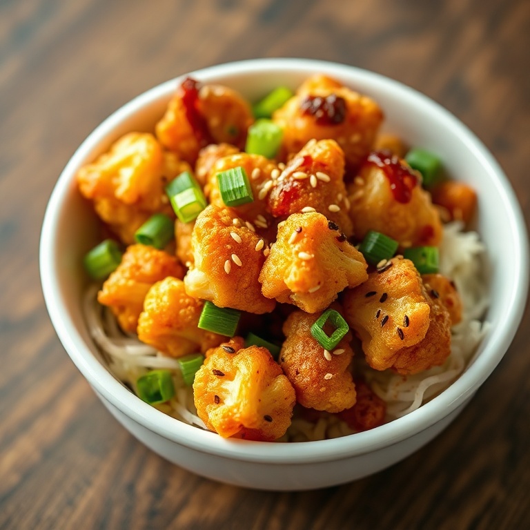 Crispy General Tso’s Cauliflower Bowls in a bowl with sesame seeds and green onions