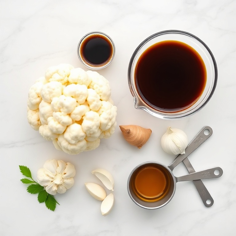 Cauliflower, soy sauce, rice vinegar, garlic, ginger, and sesame oil in a flat lay