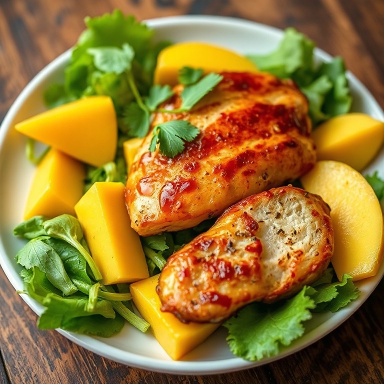 Perfectly plated Crispy Glazed Chicken Mango Salad. Chicken glazed, mango sliced, greens tossed. Garnished with cilantro. Close crop. Warm side lighting. Photorealistic food photography. No text. No watermark.