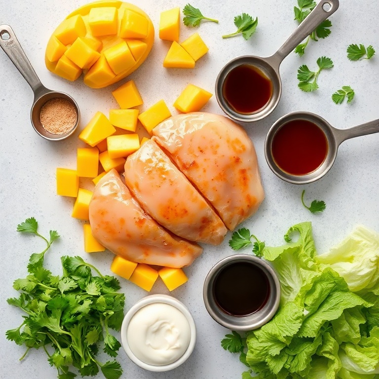 Raw ingredients for Crispy Glazed Chicken Mango Salad. Chicken breast, mango, lettuce, cilantro, and soy sauce arranged in a flat lay. Measuring spoons and bowls visible. Bright even light. Photorealistic food photography. No text. No watermark.