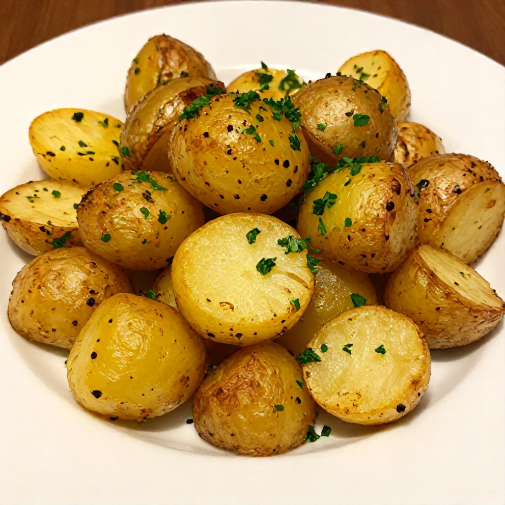 Plated serving of Crispy Greek Lemon Potatoes with fresh parsley garnish on a white plate.