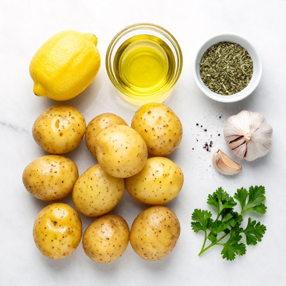 Raw ingredients for Greek Lemon Potatoes: potatoes, lemons, olive oil, garlic, oregano, salt, pepper, and parsley in a flat lay.