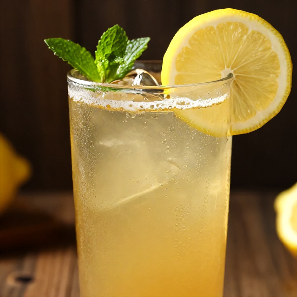 Guava White Tea Lemonade in a glass with a lemon slice