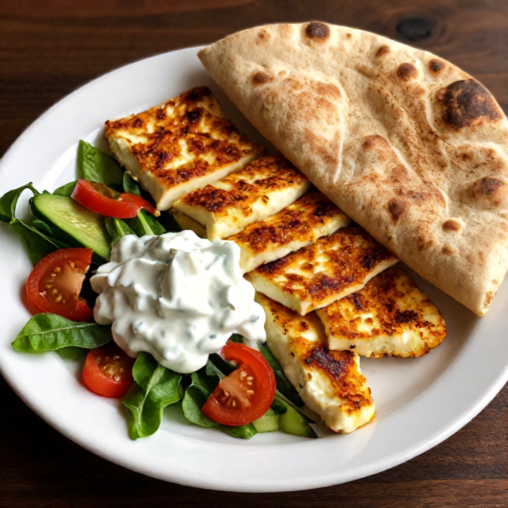 Plated Crispy Halloumi Greek Power Bowl with warm pita