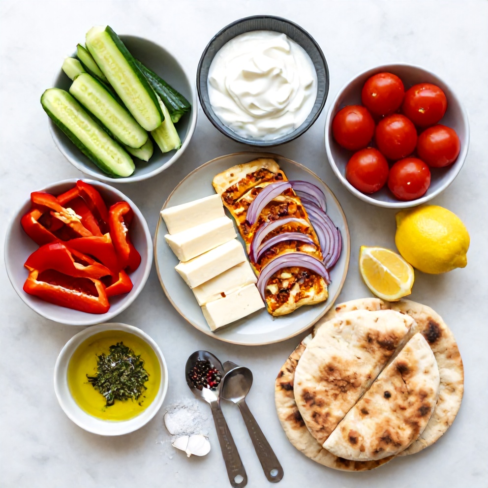 Raw ingredients for Crispy Halloumi Greek Power Bowl