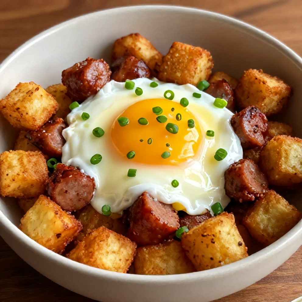 Crispy hash brown bowls with sausage and eggs. Garnished with green onions. Warm side lighting highlights texture.
