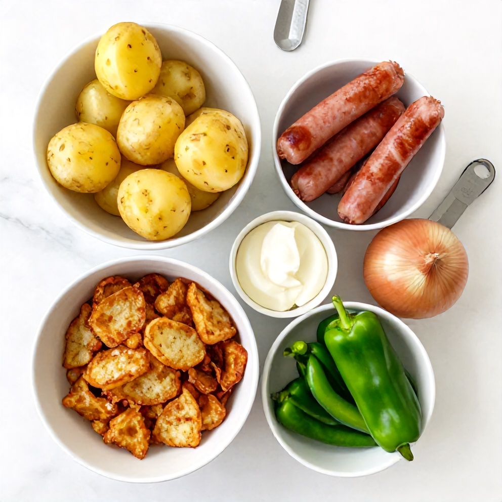 Raw ingredients for crispy hash brown breakfast bowls. Potatoes, eggs, sausage, onions, and green peppers in a flat lay.