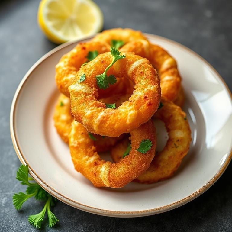 One perfect plated serving of keto parmesan baked onion rings. Garnished with fresh parsley. Close crop. Warm side lighting showing texture. Photorealistic food photography.