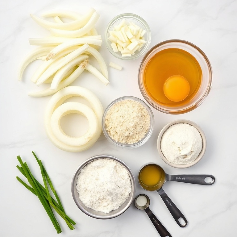 Overhead flat lay of raw ingredients for keto parmesan baked onion rings. Fresh onions, parmesan cheese, flour, garlic powder, and egg. Prep bowls and measuring spoons. White marble surface. Bright even light. Photorealistic food photography.
