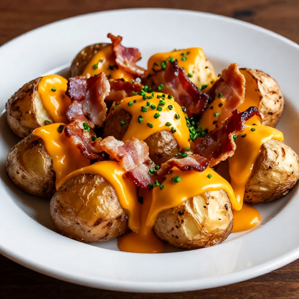 Plated crispy loaded baked potatoes with cheddar and bacon