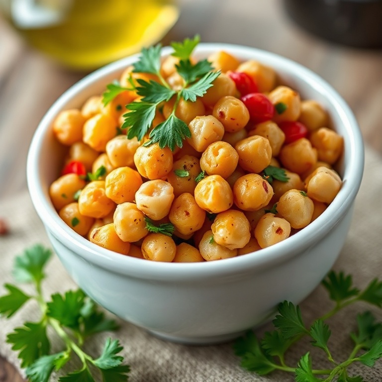 Crispy Mediterranean Chickpea Salad in a white ceramic bowl. Topped with fresh parsley and olive oil. Close crop, food fills 90% of frame. Warm side lighting highlighting texture. Photorealistic food photography style. No text. No watermark.