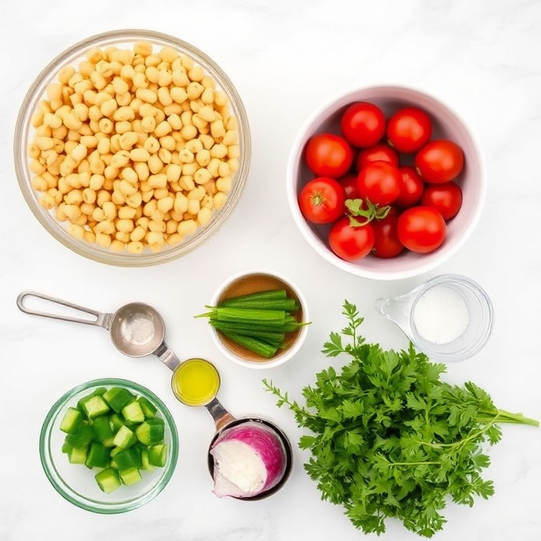 Raw ingredients for Crispy Mediterranean Chickpea Salad arranged as an overhead flat lay. Chickpeas, cherry tomatoes, cucumbers, red onion, and parsley. Small prep bowls, measuring spoons, and cups. White marble surface. Bright even light. No text. No watermark.