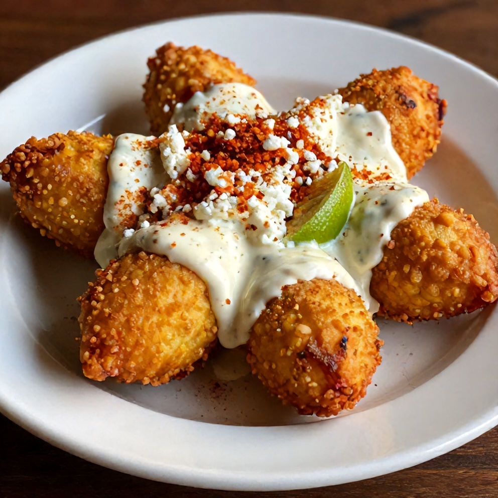 Plated Mexican Street Corn Fritters with Spicy Lime Sauce