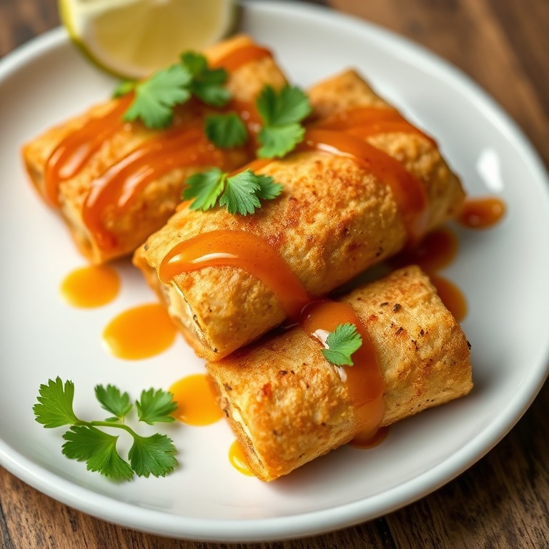 Crispy Oven-Fried Feta Rolls with Spicy Honey Drizzle. Garnished with fresh cilantro on a white plate.