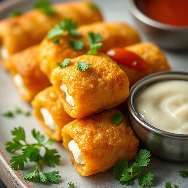 Crispy Oven Fried Feta Rolls with sweet chili honey. A perfect golden, crispy appetizer.