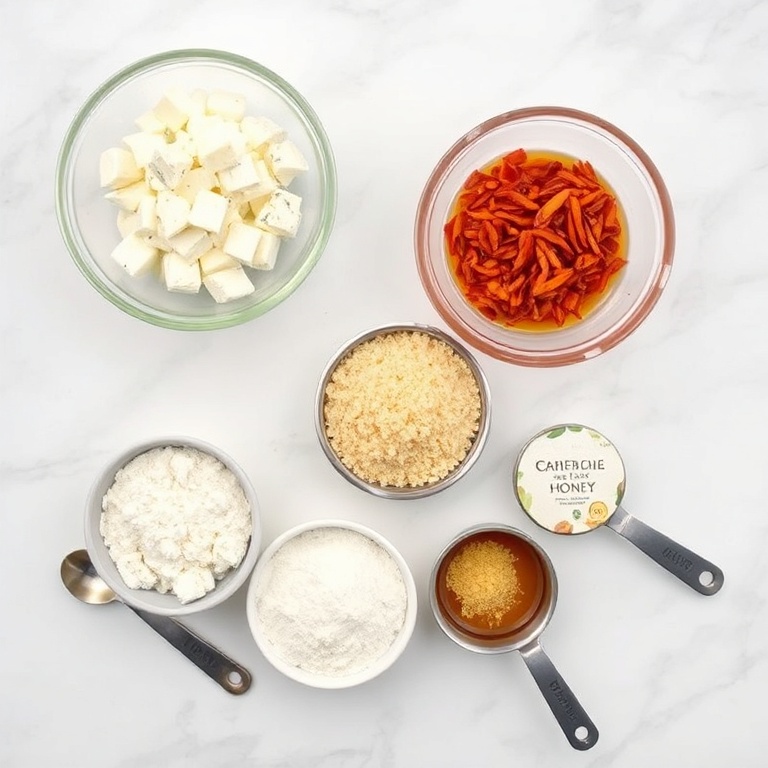 Raw ingredients for Crispy Oven-Fried Feta Rolls. Feta cheese, flour, breadcrumbs, chili flakes, and honey visibly arranged.
