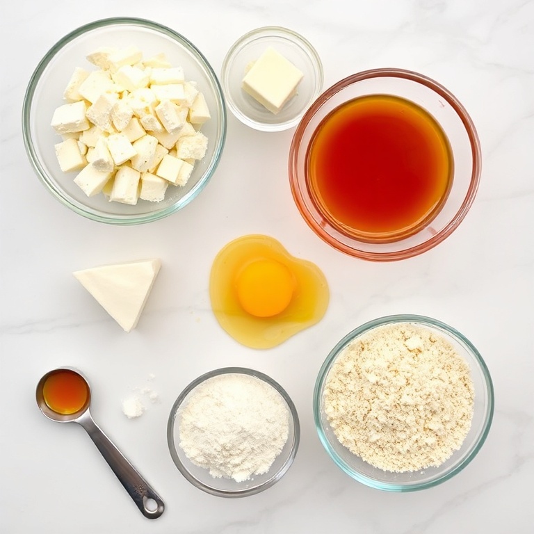 Raw ingredients for Crispy Oven Fried Feta Rolls. Feta cheese, flour, eggs, breadcrumbs, and sweet chili honey.