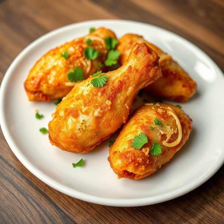 Crispy Parmesan Garlic Wings on a white plate. Garnished with fresh parsley. Close crop showing golden edges and melted cheese. Warm side lighting. Photorealistic food photography. No text. No watermark.
