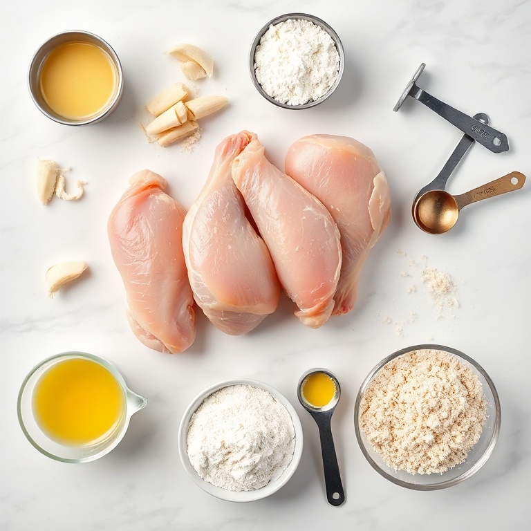 Raw chicken wings, grated Parmesan, garlic, flour, egg, and breadcrumbs arranged in an overhead flat lay. Measuring cups, spoons, and bowls visible. White marble surface. Bright even light. Photorealistic food photography. No text. No watermark.