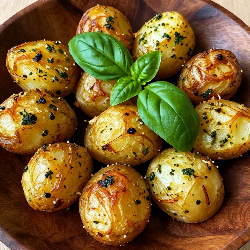 Plated serving of Crispy Parmesan Pesto Roasted Potatoes
