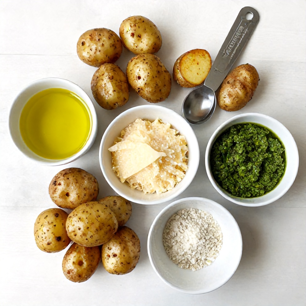 Raw ingredients for Crispy Parmesan Pesto Roasted Potatoes