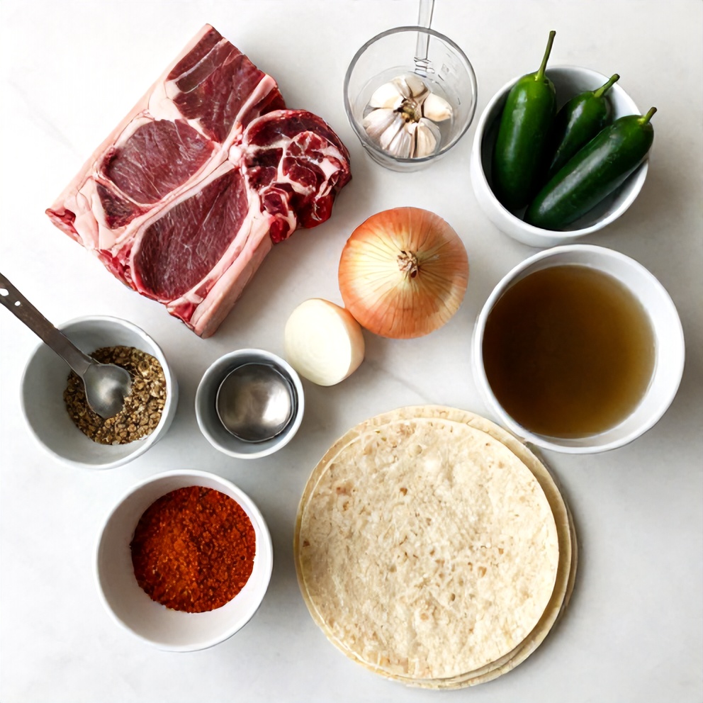 Raw ingredients for Pot Birria Tacos including beef, spices, and tortillas