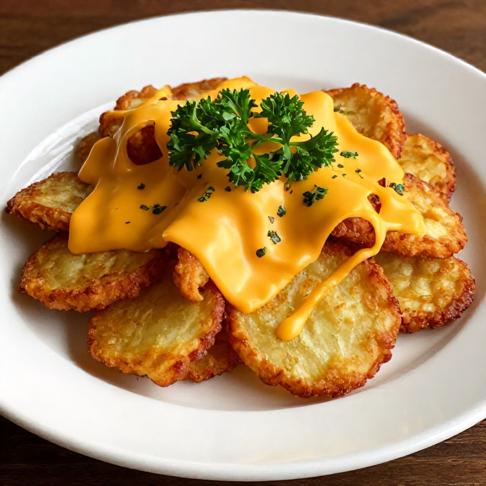Plated crispy potato fritters with cheese
