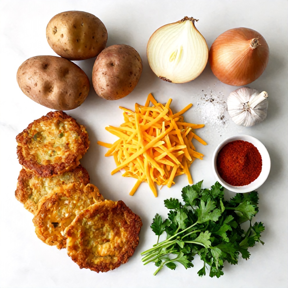 Raw ingredients for crispy potato fritters with cheese
