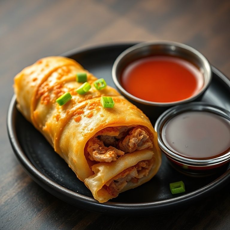 One crispy pulled pork egg roll sliced open on a small black plate, garnished with sliced green onion, golden brown edges glistening, sauce for dipping on the side.