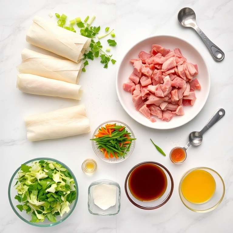 Overhead shot of pulled pork, egg roll wrappers, shredded cabbage, carrots, green onion, and dipping sauce ingredients in prep bowls, arranged on white marble with measuring spoons.