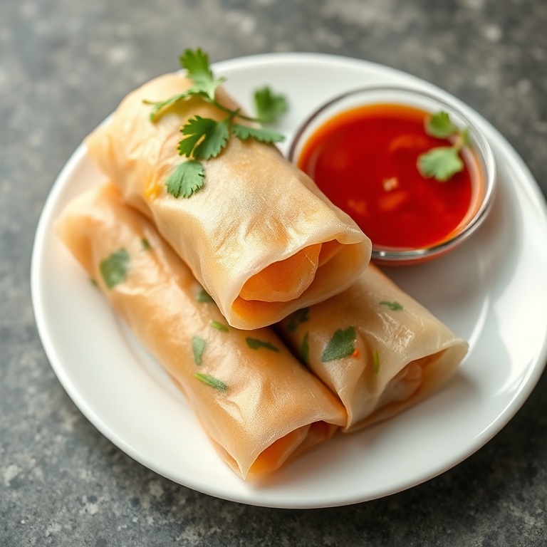 Plated crispy rice paper spring rolls with a side of tangy sauce and fresh cilantro garnish, displayed on a white ceramic plate.