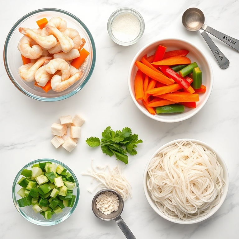Raw ingredients for crispy rice paper spring rolls: shrimp, carrots, lettuce, bell peppers, rice noodles, and rice paper sheets arranged in an overhead flat lay.