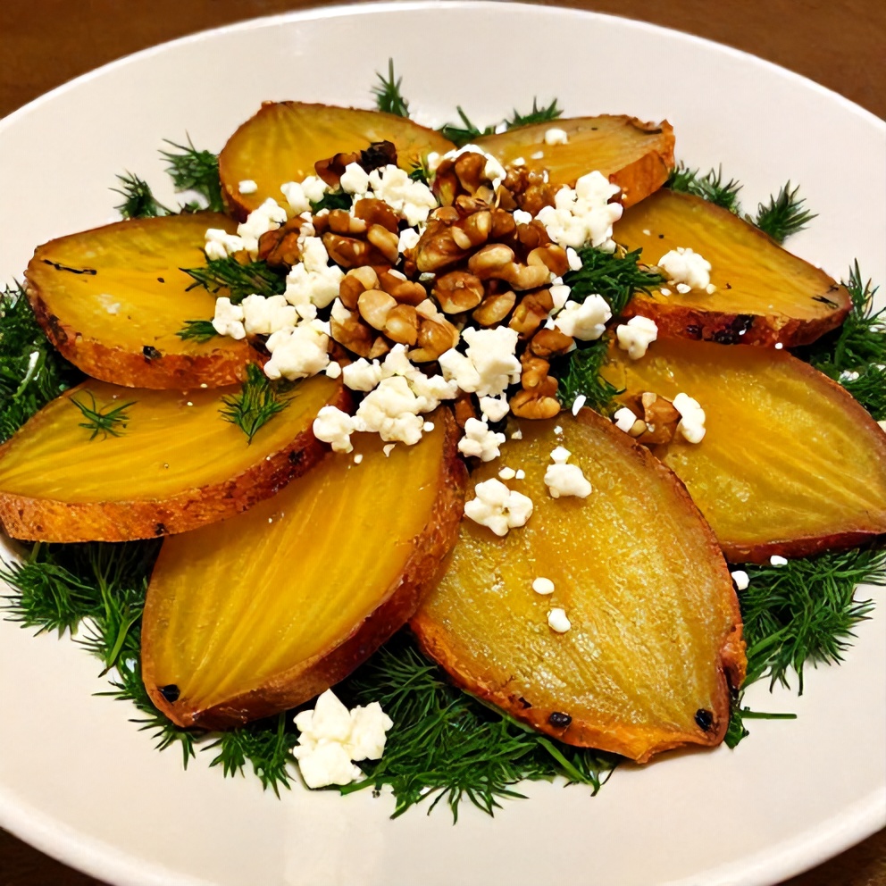 Plated crispy roasted beet salad with feta and fresh dill