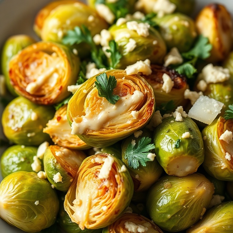 Roasted Brussels sprouts with tangy tahini caesar dressing. Topped with Parmesan and parsley. Golden and creamy