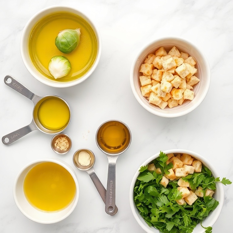 Brussels sprouts, olive oil, garlic, lemon, tahini, Parmesan, croutons, parsley. Measuring spoons and bowls