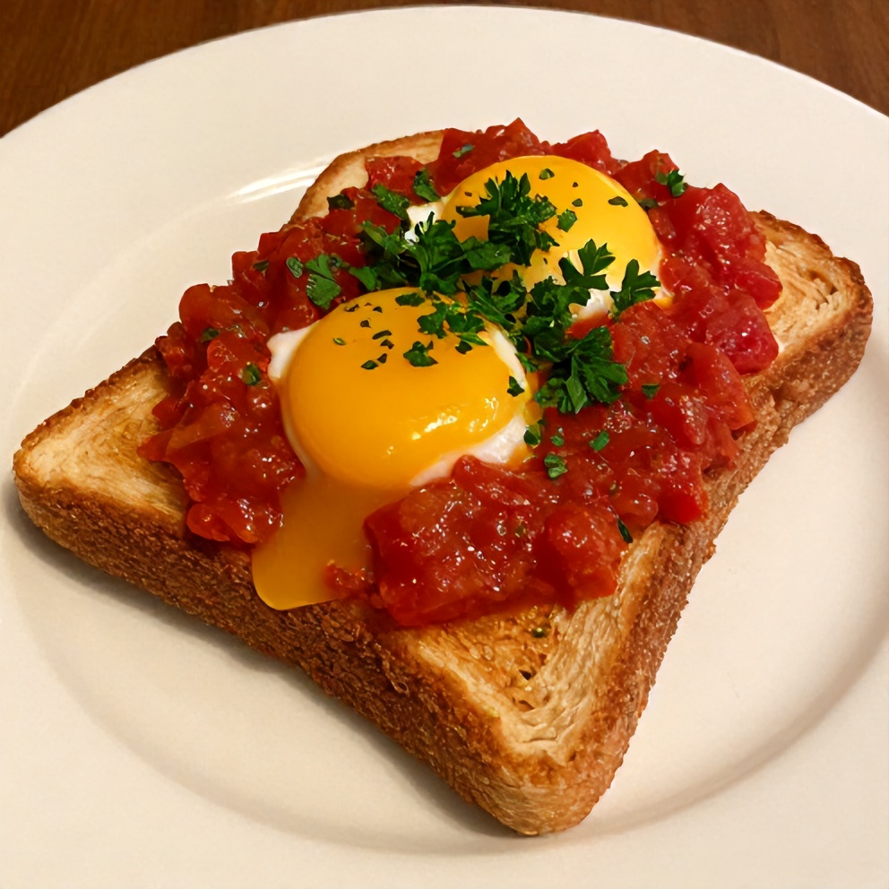 A single serving of crispy toast topped with eggs, spiced tomato sauce, and fresh herbs. A white plate with warm lighting shows the texture clearly.