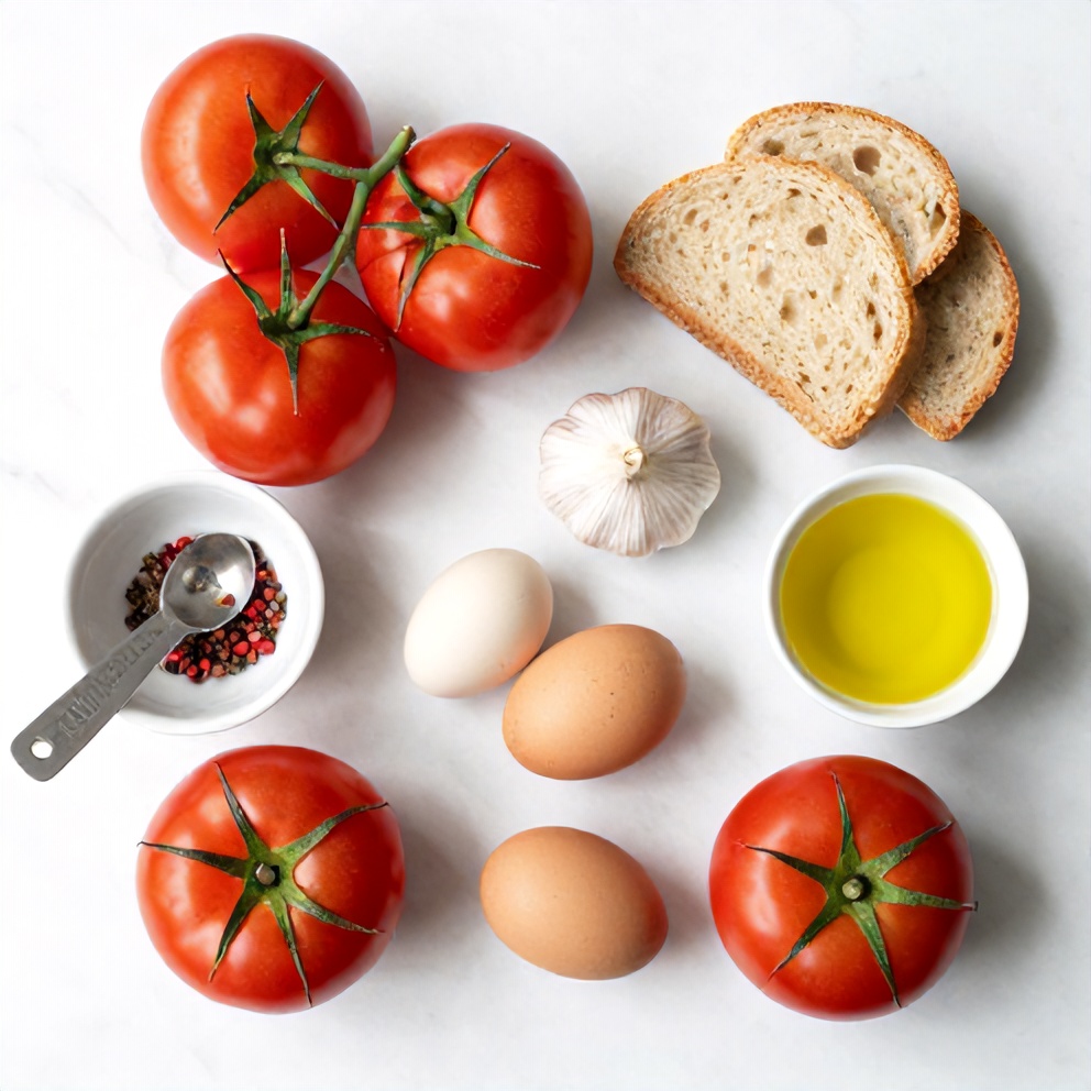 Fresh tomatoes, eggs, garlic, spices, and bread arranged in an overhead flat lay on a white marble surface.