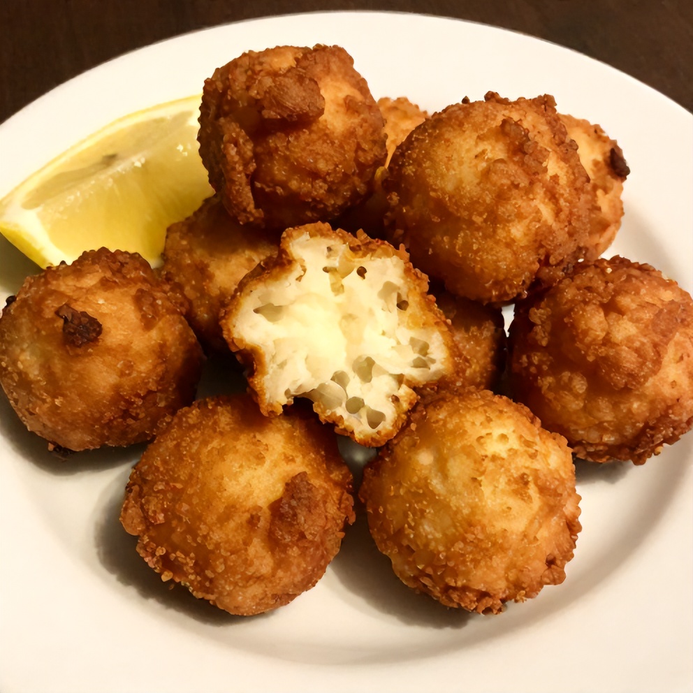 Hushpuppies on a plate with a lemon wedge