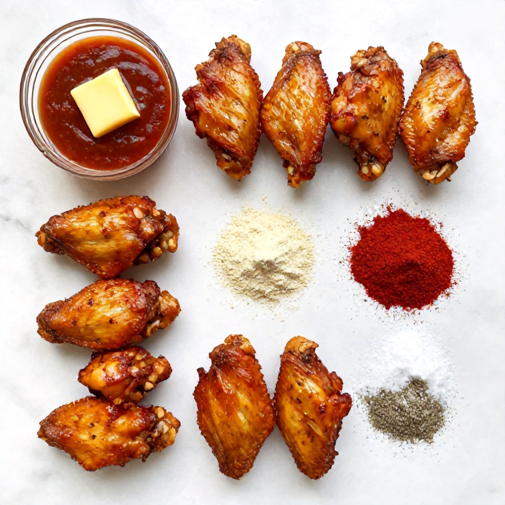 Raw ingredients for Crispy Spicy Oven Baked Chicken Wings on a white marble surface