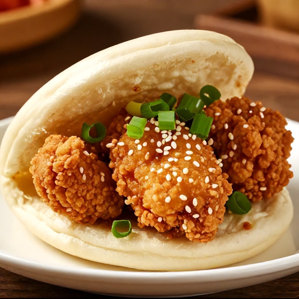 Plated Crispy Sticky Chicken Bao Buns