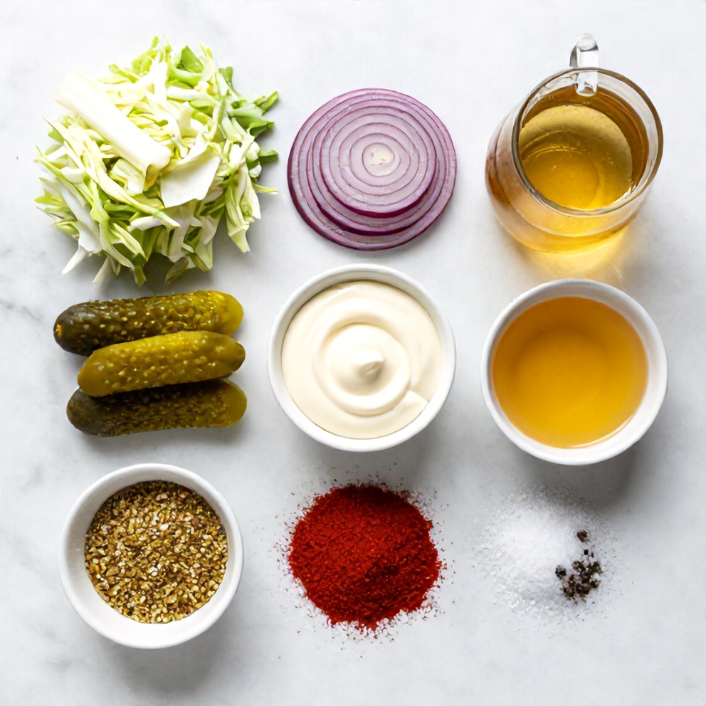 Ingredients for Sweet and Spicy Pickle Slaw on a marble surface