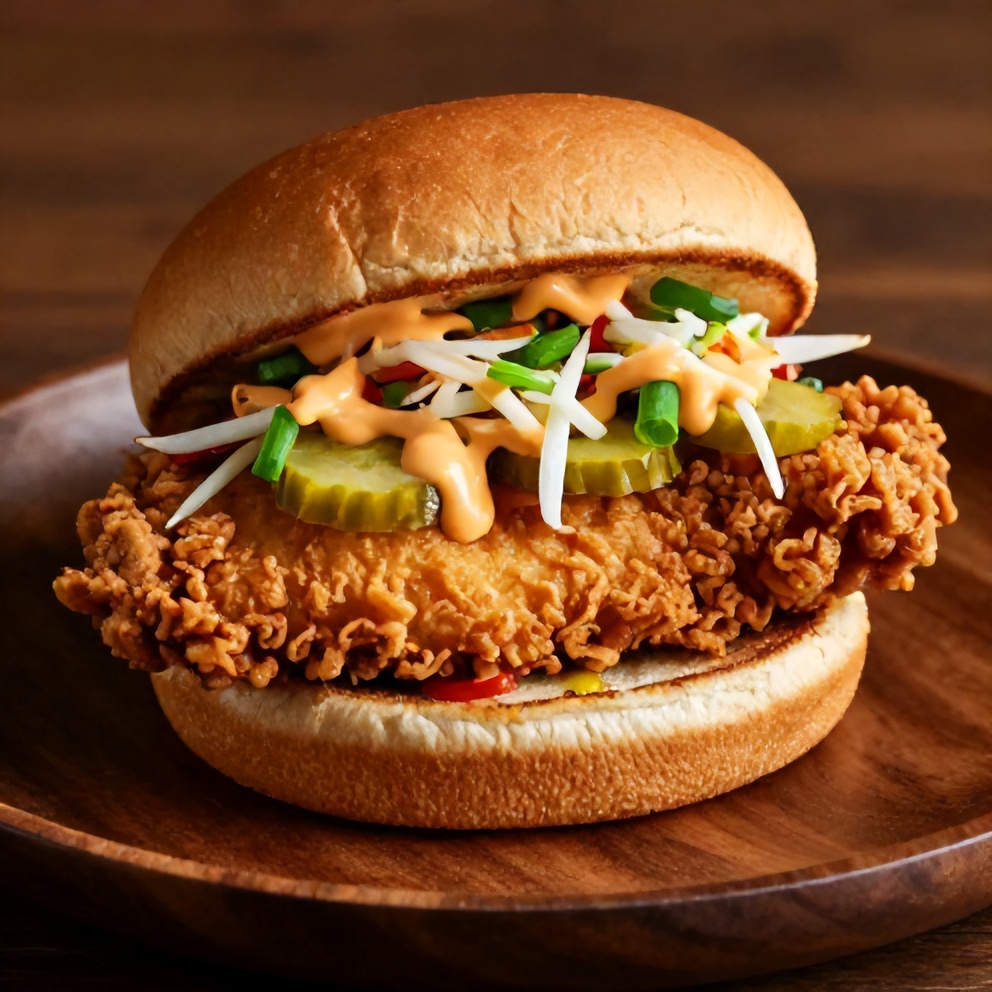 Thai Fried Chicken Sandwich with pickles and slaw