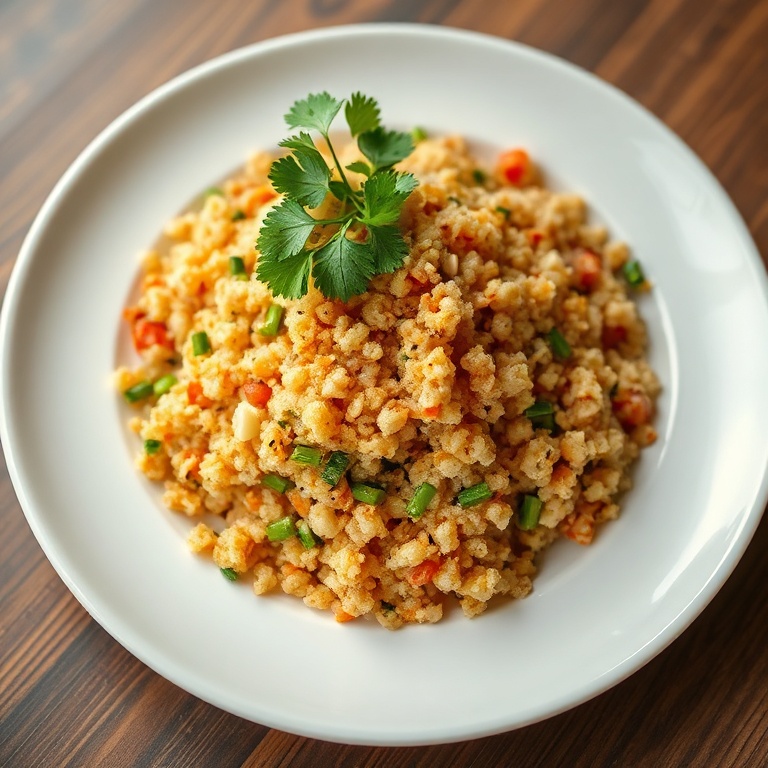 Crispy Thai Quinoa Salad plated. Cilantro and sesame seeds on top. White ceramic plate. Warm side light. Photorealistic food photography.